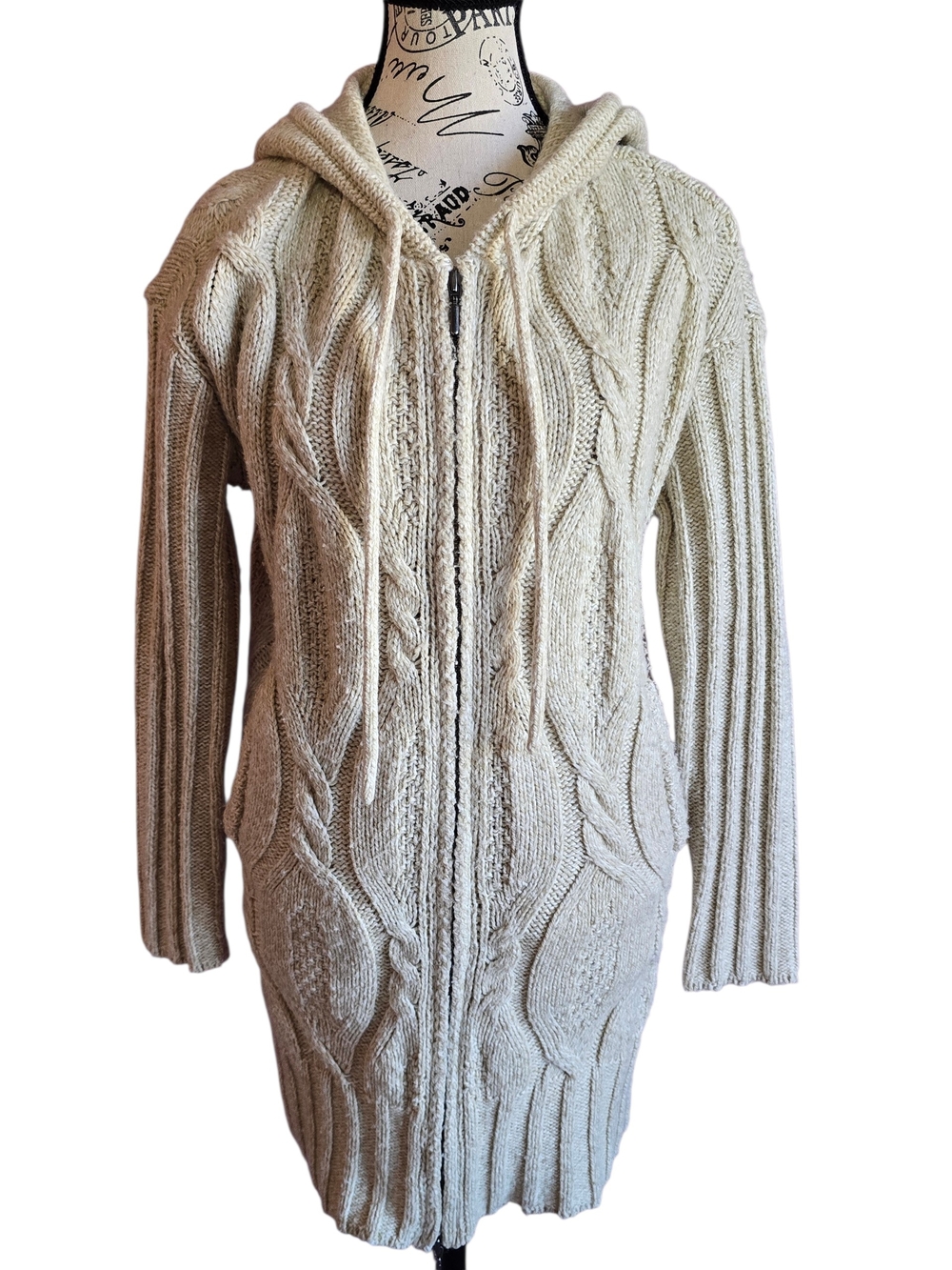 J. Jill Beige Cable-Knit Hooded Zip Front Cardigan S petite
